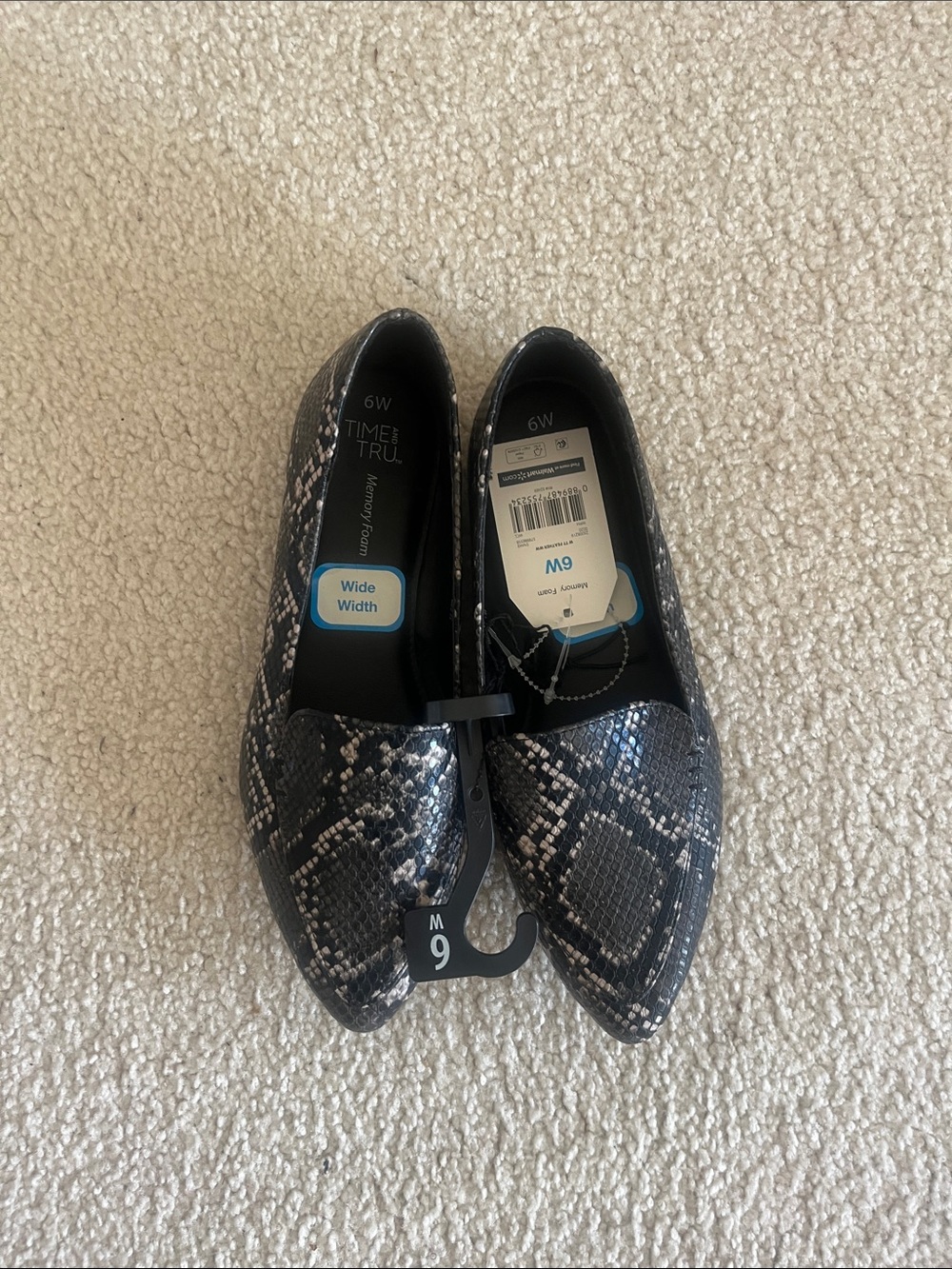 Time and Tru Women's Pointed Snake-Print Slip-On Flats in Black and Gray
